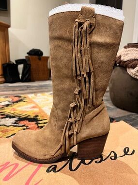 Fringe Suede Mid-Calf Western Boot - Tan